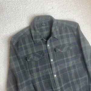 prANa men's green plaid happy camo flannel shirt heavy button snap outdoors xl